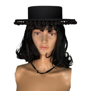 Vintage Black Cordobes, flamenco, Equestrian Hat with wide brim and pom poms